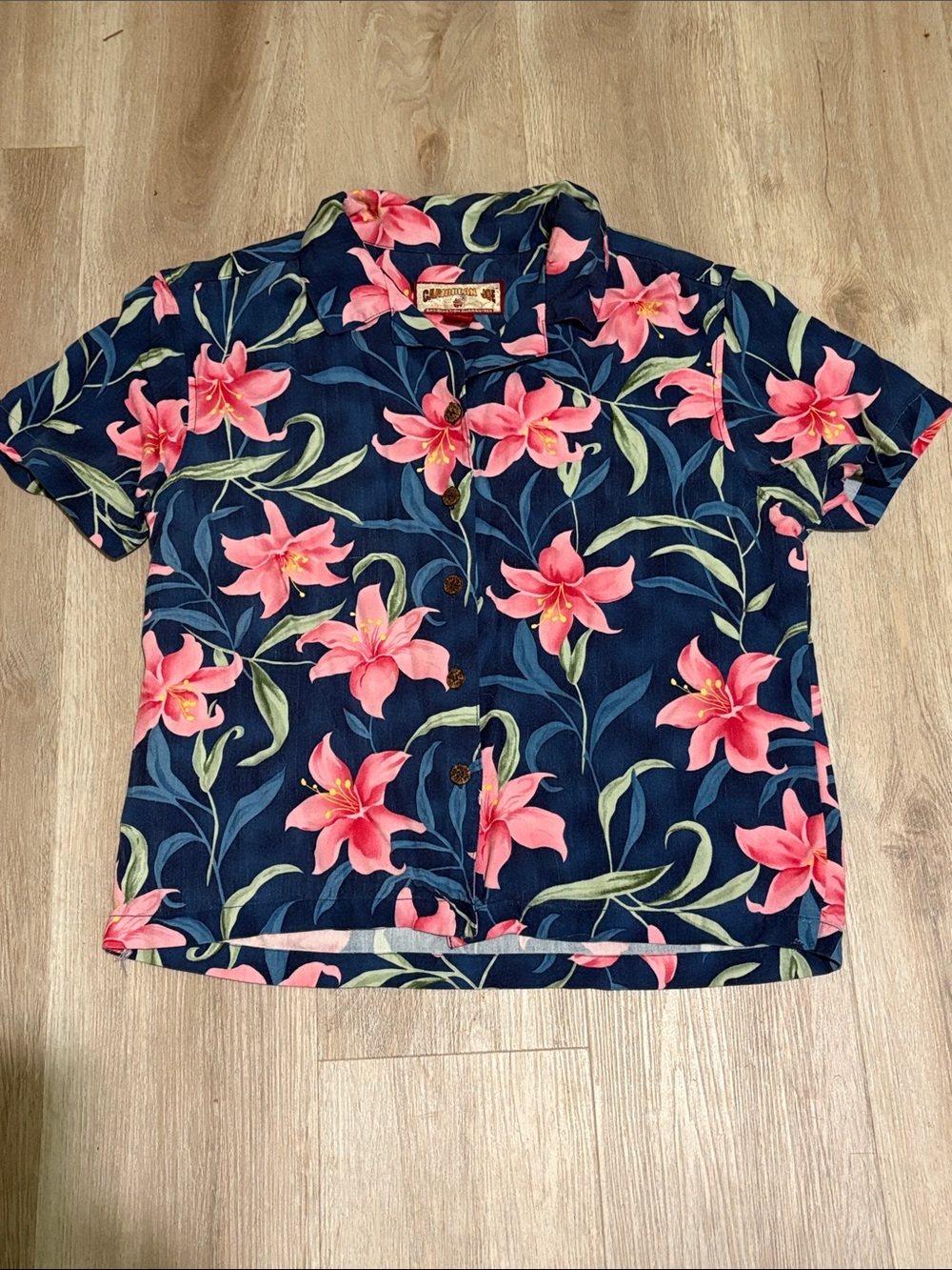 Caribbean Joe Classic Navy Floral Button-Up Shirt - Pink Lily Print